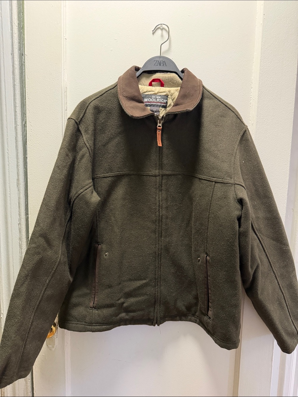 Woolrich Dark Olive Green Jacket with Brown Collar